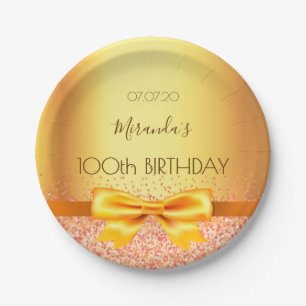 100th birthday party gold elegant bow name paper plate
