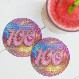100th Birthday Party Gold Pink Glitter Disco Ball Round Paper Coaster