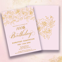 100th Birthday Party Gold Rose Floral Blush Pink
