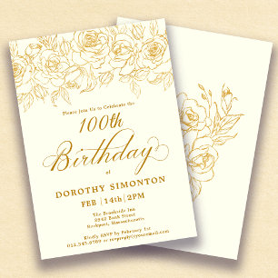 100th Birthday Party Gold Rose Floral Ivory White Invitation