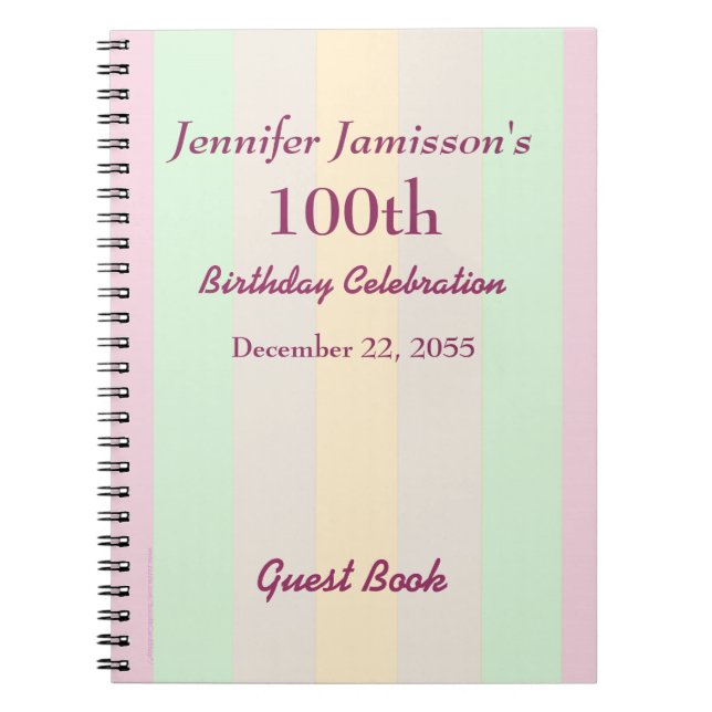 100th Birthday Party Guest Book Pastel Notebook (Front)