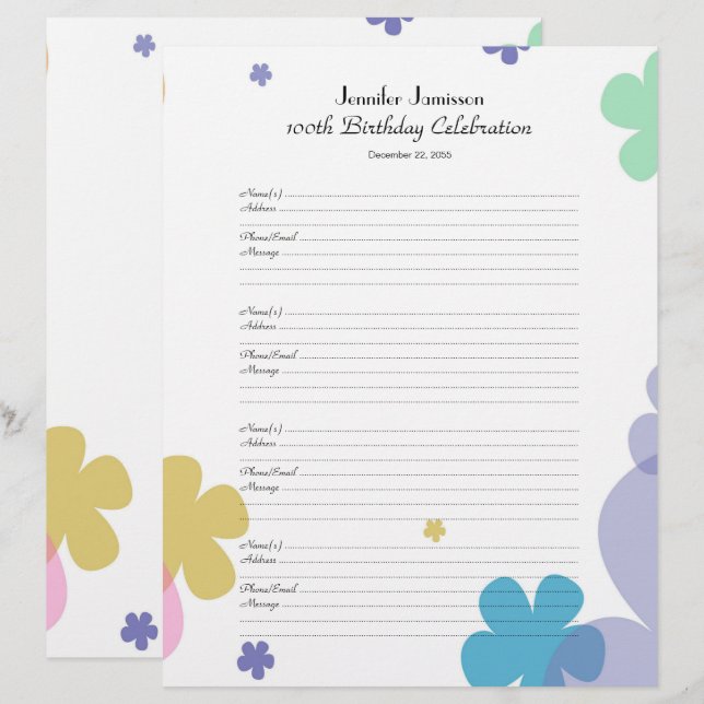 100th Birthday Party Guest Book Sign-In Page (Front/Back)