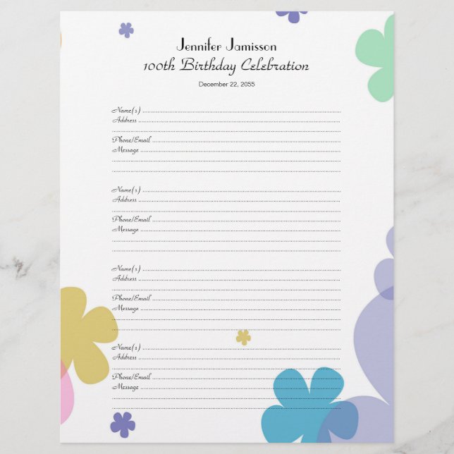 100th Birthday Party Guest Book Sign-In Page (Front)