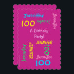 100th Birthday Party Invitation Hot Pink Customize<br><div class="desc">What a wonderful, fun 100th Birthday Party Invitation! On the front, your text repeats in different fonts and colours on a hot pink background. On the back, the event details. Great for someone who is 100 Years Young! It's easy to modify NAME and TEXT and DETAILS on front and back....</div>