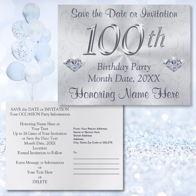 100th Birthday Party Invitations or Save the Date (Save the date 100th birthday. 100th birthday save the date post cards. 100th birthday invitations.)