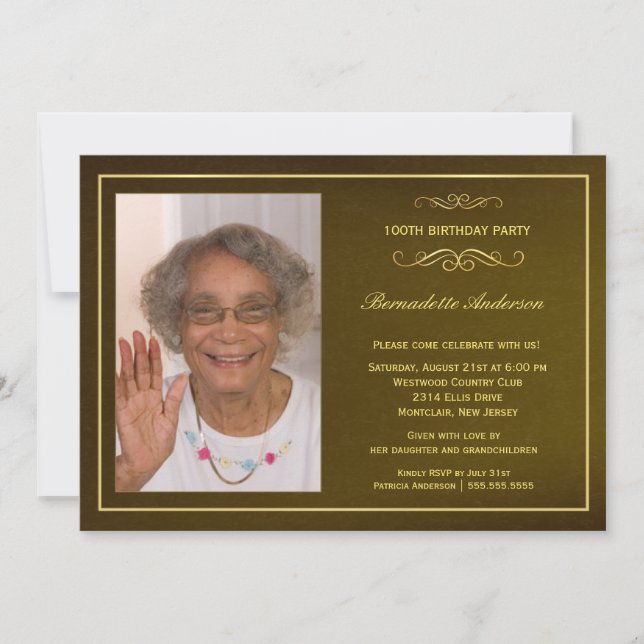 100th Birthday Party Invitations - with photo (Front)