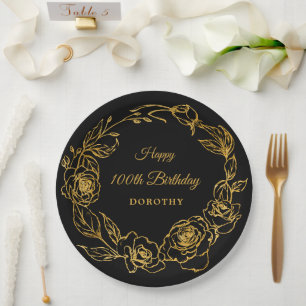 100th Birthday Party Luxe Gold Rose Floral Black Paper Plate