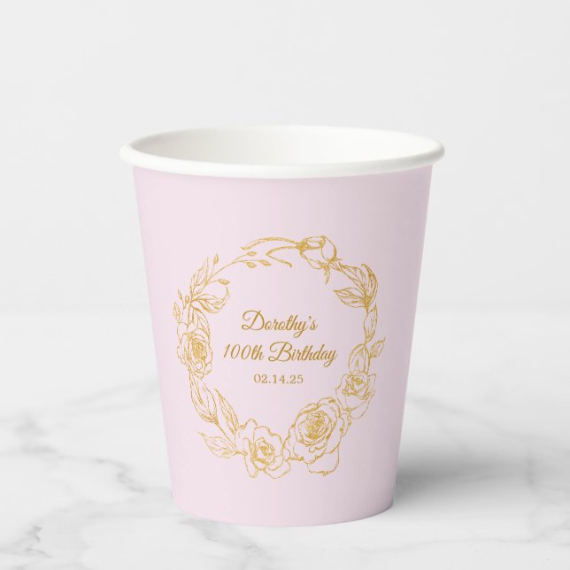 100th Birthday Party Luxe Gold Rose Pink Paper Cups (Front)