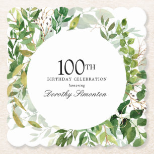 100th Birthday Party Modern Green Botanical Paper Coaster