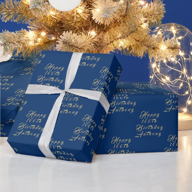 100th Birthday Party Name Navy Blue Modern Pattern Wrapping Paper (Holidays)