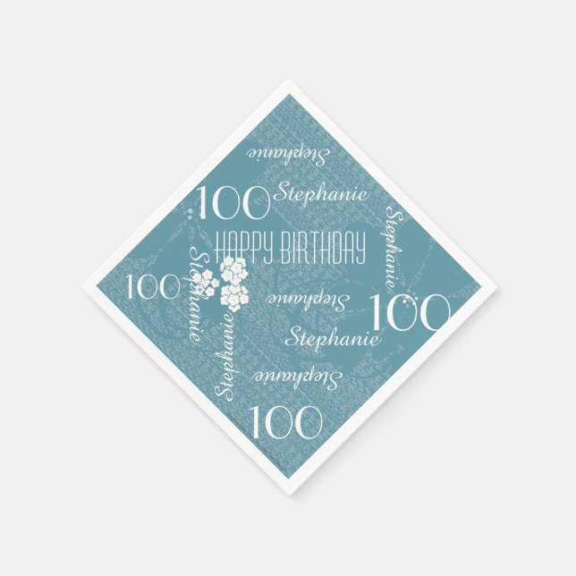 100th Birthday Party Name Pastel Blue Floral Paper Napkin (Corner)