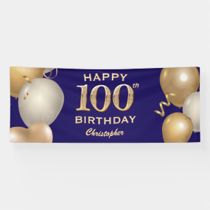 100th Birthday Party Navy Blue and Gold Balloons Banner