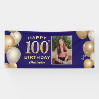 100th Birthday Party Navy Blue and Gold Balloons Banner