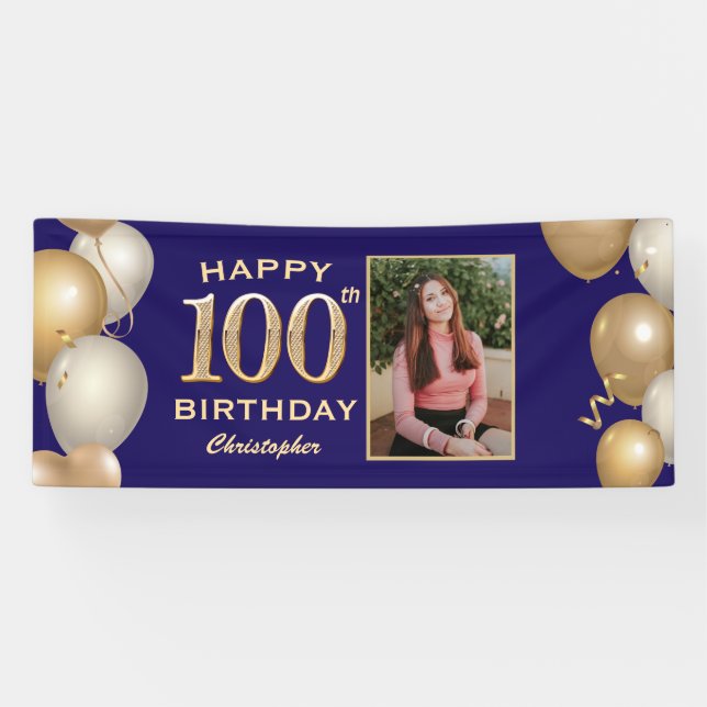 100th Birthday Party Navy Blue and Gold Balloons Banner (Horizontal)