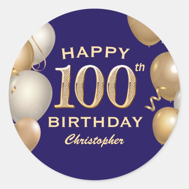 100th Birthday Party Navy Blue and Gold Balloons Classic Round Sticker (Front)