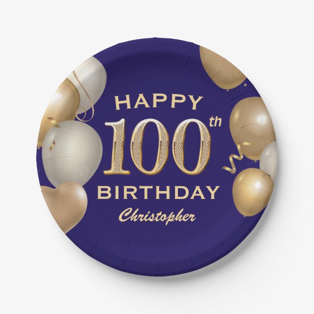 100th Birthday Party Navy Blue and Gold Balloons Paper Plate (Front)