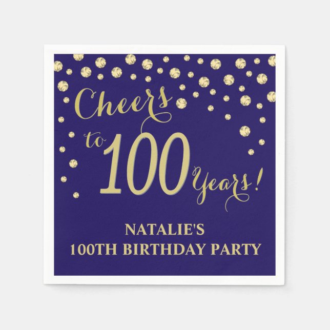 100th Birthday Party Navy Blue and Gold Diamond Napkin (Front)