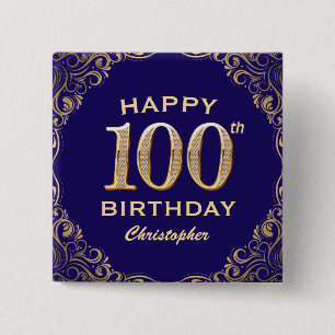 100th Birthday Party Navy Blue and Gold Glitter 2 Inch Square Button