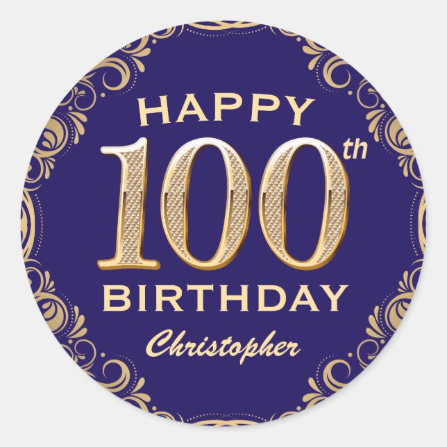 100th Birthday Party Navy Blue and Gold Glitter Classic Round Sticker (Front)