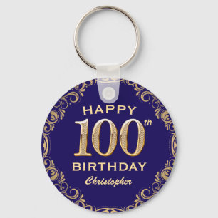 100th Birthday Party Navy Blue and Gold Glitter Keychain