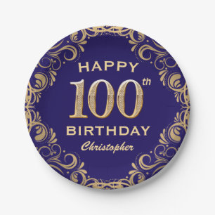 100th Birthday Party Navy Blue and Gold Glitter Paper Plate