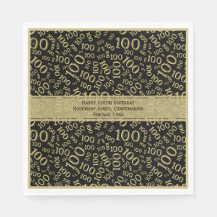 100th Birthday Party Number Pattern Gold and Black Napkin