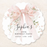 100th Birthday Party Pink Bow with Roses Paper Coaster<br><div class="desc">Blush pink watercolor coquette bow is decorated with roses and sage green greenery.</div>