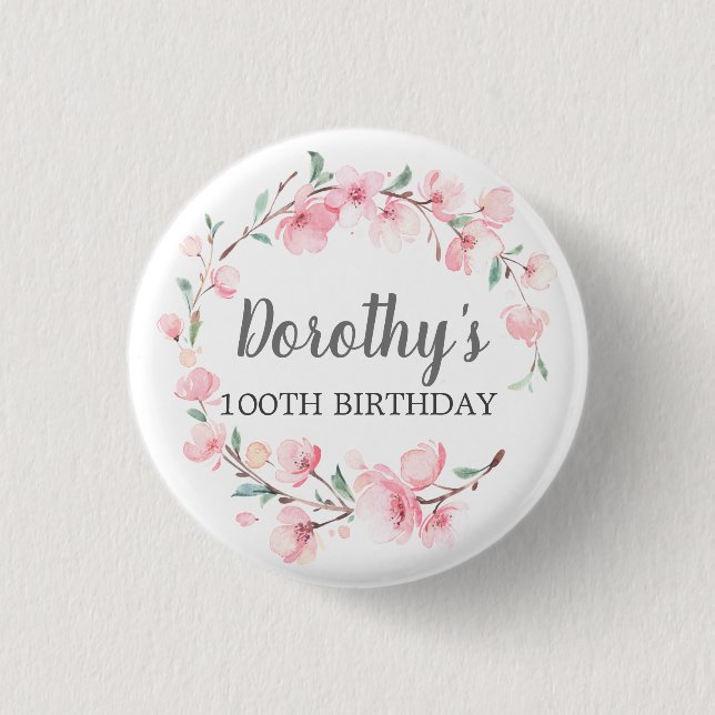 100th Birthday Party Pink Cherry Blossom Floral 1 Inch Round Button (Front)