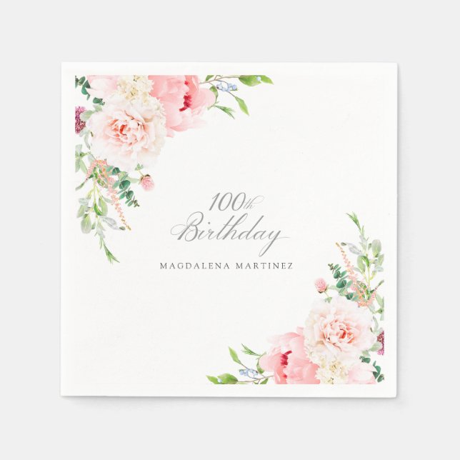 100th Birthday Party Pink Floral Custom Cocktail Napkin (Front)