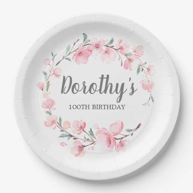 100th Birthday Party Pink Floral Paper Plate (Front)