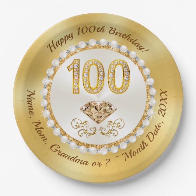 100th Birthday Party Plates, 2 Sizes, Round Square Paper Plate (Front)