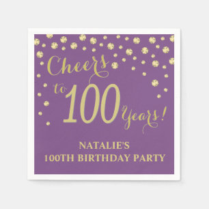 100th Birthday Party Purple and Gold Diamond Napkin