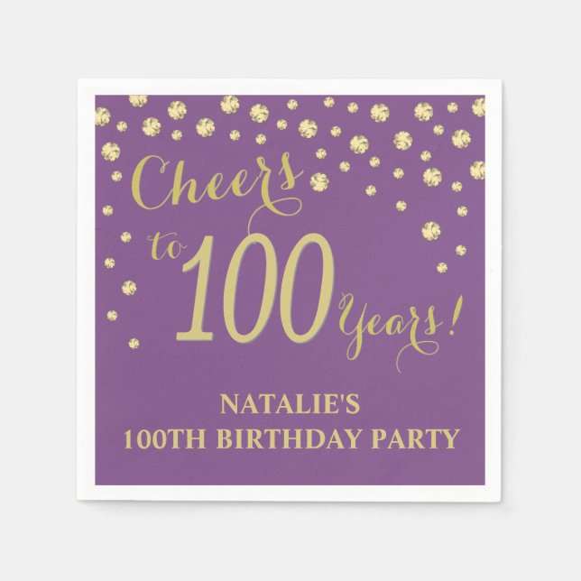 100th Birthday Party Purple and Gold Diamond Napkin (Front)
