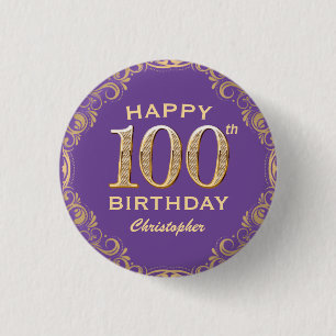 100th Birthday Party Purple and Gold Glitter Frame 1 Inch Round Button