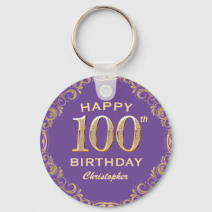 100th Birthday Party Purple and Gold Glitter Frame Keychain
