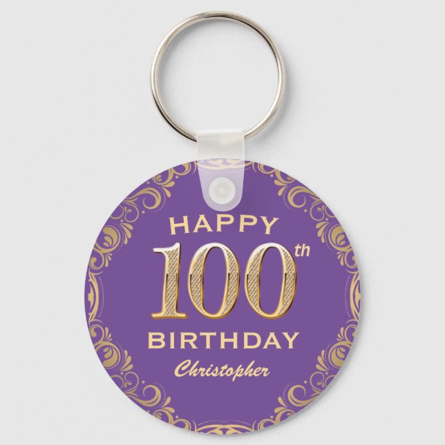 100th Birthday Party Purple and Gold Glitter Frame Keychain (Front)