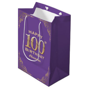 100th Birthday Party Purple and Gold Glitter Frame Medium Gift Bag