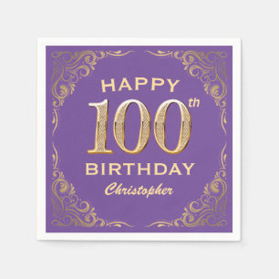 100th Birthday Party Purple and Gold Glitter Frame Napkin