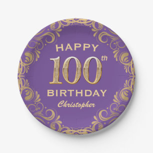 100th Birthday Party Purple and Gold Glitter Frame Paper Plate