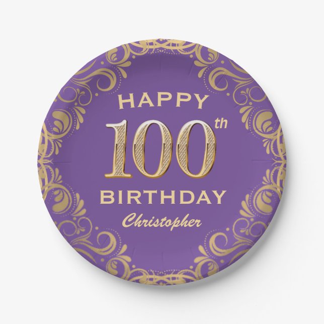 100th Birthday Party Purple and Gold Glitter Frame Paper Plate (Front)