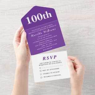 100th Birthday Party Purple Elegant Modern All In One Invitation