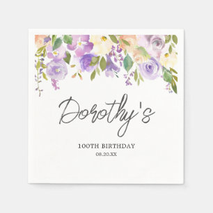 100th Birthday Party Purple Rose Floral Custom Napkin