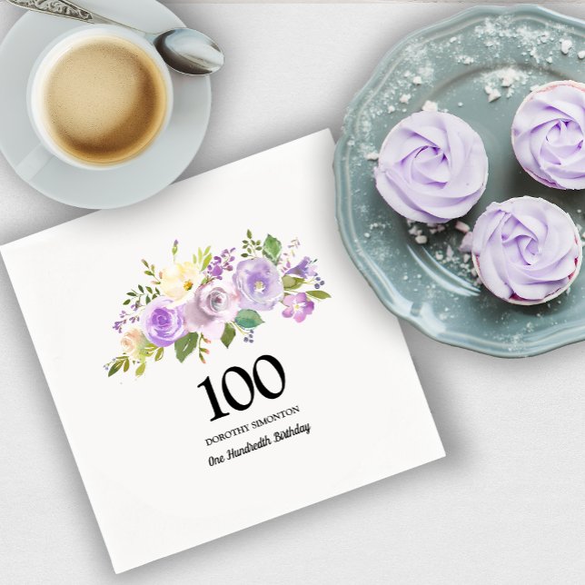 100th Birthday Party Purple Rose Floral Napkin (Creator Uploaded)