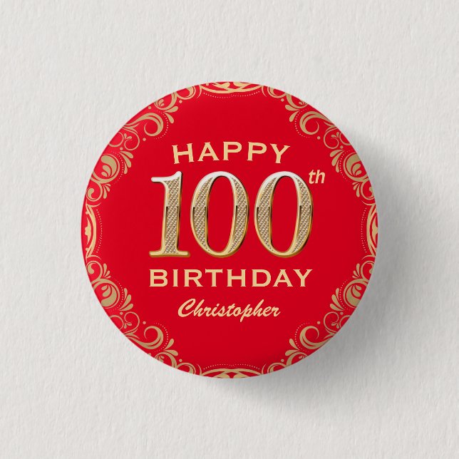 100th Birthday Party Red and Gold Glitter Frame 1 Inch Round Button (Front)