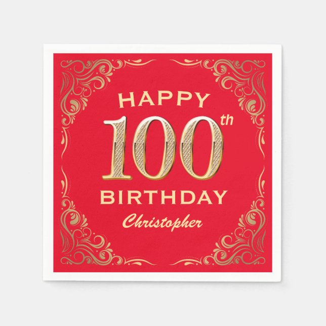 100th Birthday Party Red and Gold Glitter Frame Napkin (Front)