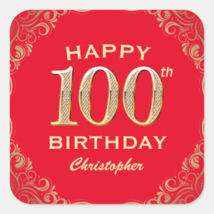 100th Birthday Party Red and Gold Glitter Frame Square Sticker