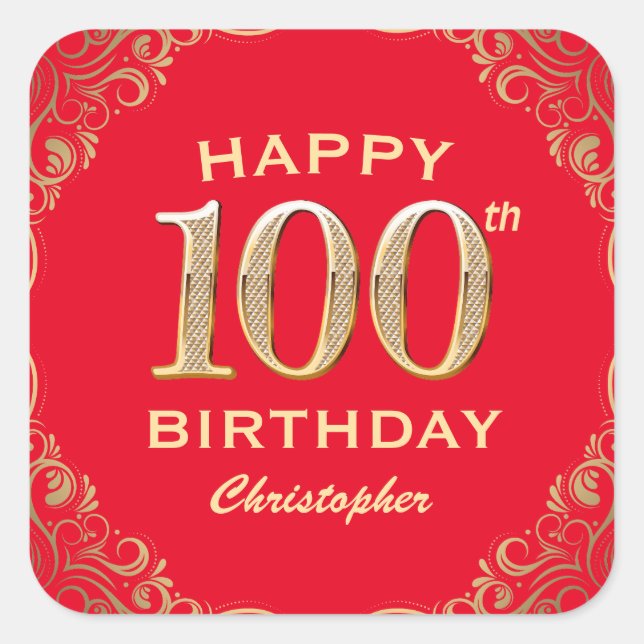 100th Birthday Party Red and Gold Glitter Frame Square Sticker (Front)
