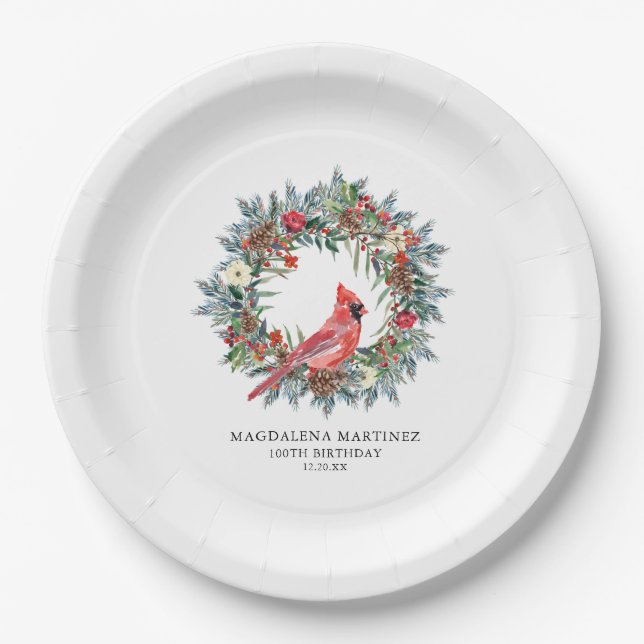 100th Birthday Party Red Cardinal Wreath Custom Paper Plate (Front)