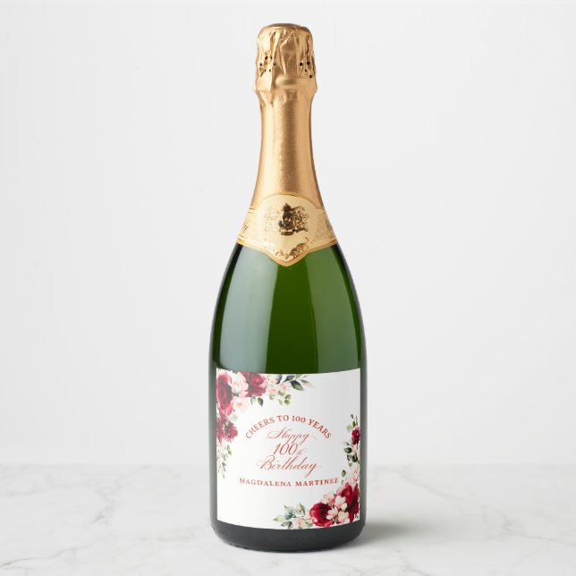 100th Birthday Party Red Pink Floral Custom Sparkling Wine Label (Front)