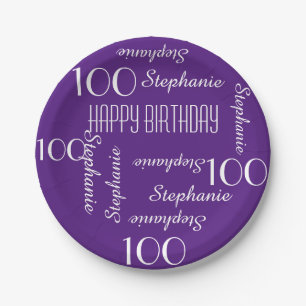 100th Birthday Party Repeating Name Purple Paper Plate